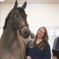 Two smiling woman standing in a barn aisle with a bay horse.
