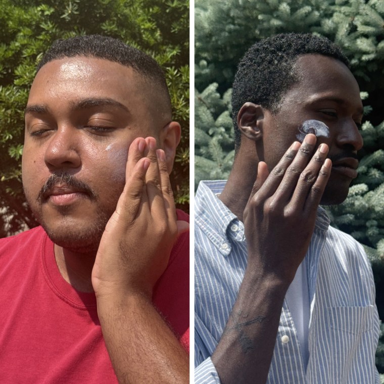 NBC Select editors in front of a green background, rubbing sunscreen formulas into their faces.