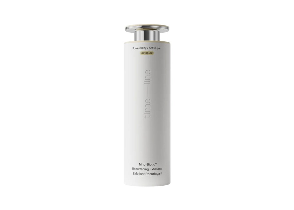 A white bottle of Time-Line Mito-Biotic Resurfacing Exfoliator.