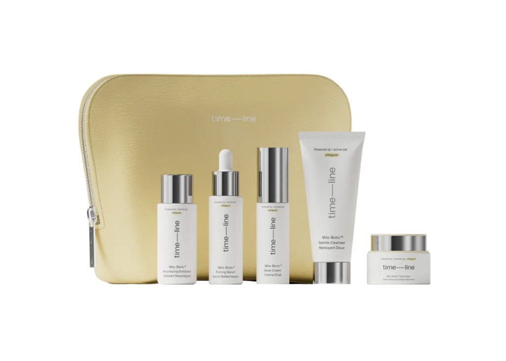 A pale yellow cosmetics bag with five matching skincare products labeled "time-line" and "Mito-Biotic" on a white background.