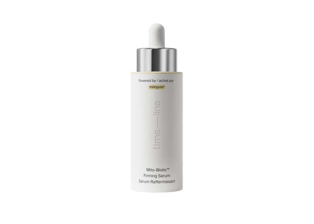 Mito-Biotic Firming Serum bottle with a dropper lid, showing "Powered by mitopure" and "time-line" branding.