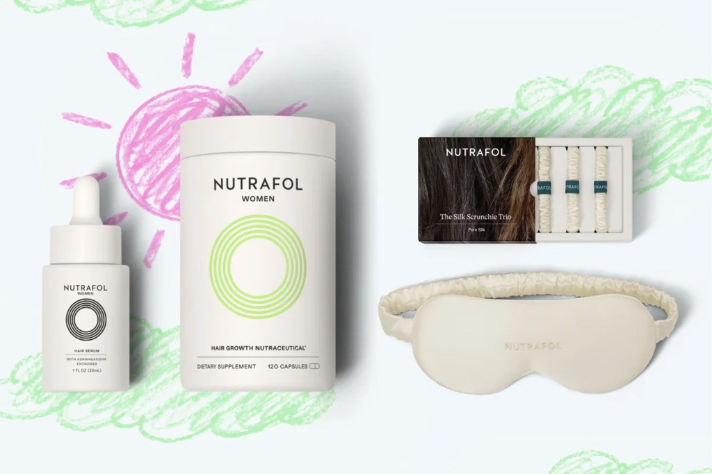 Nutrafol hair serum, hair growth nutraceutical, a trio of silk scrunchies, and a silk sleep mask.