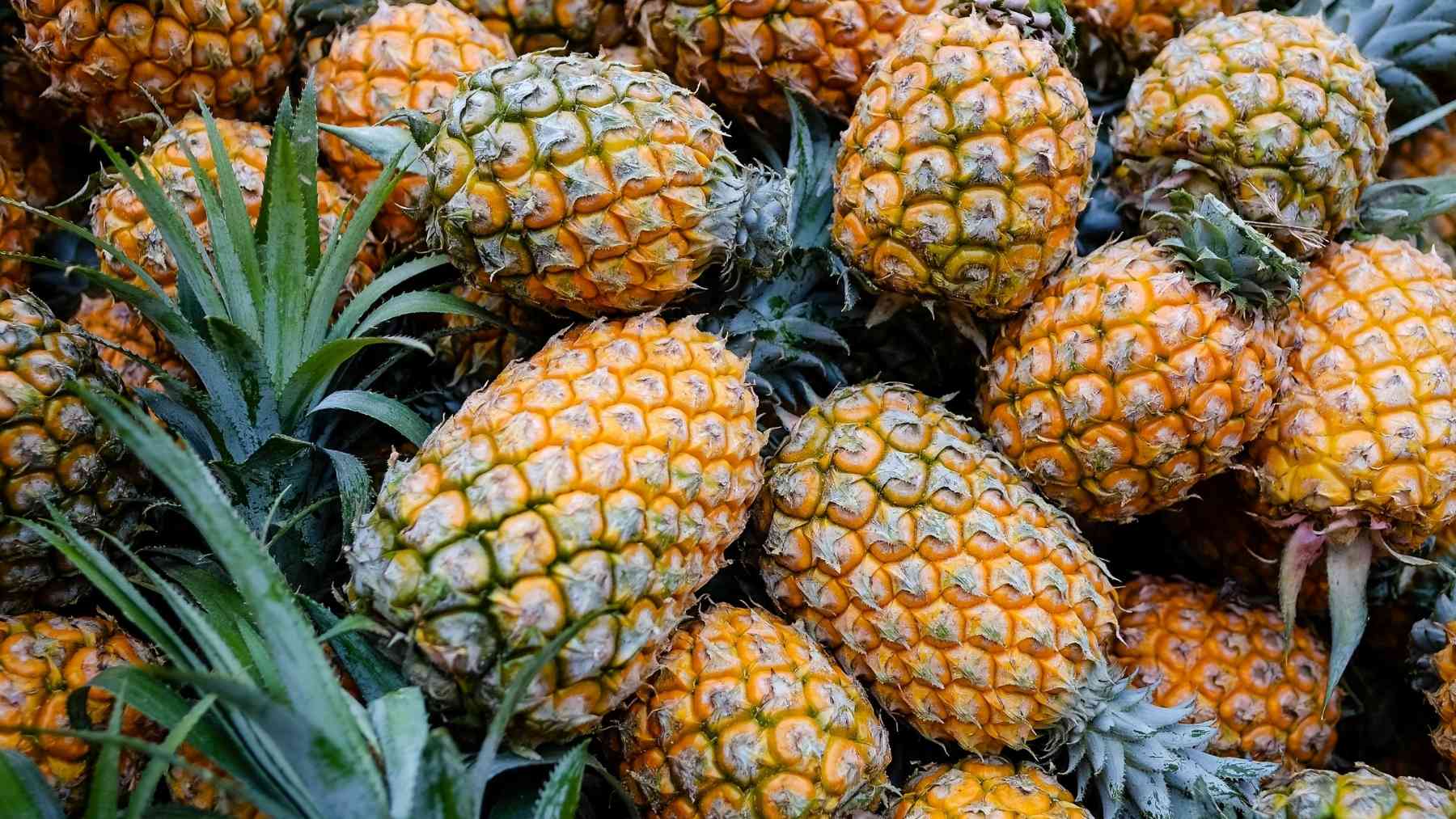 Fresh pineapples piled together at a market linked to reducing sweet and chocolate cravings after meals