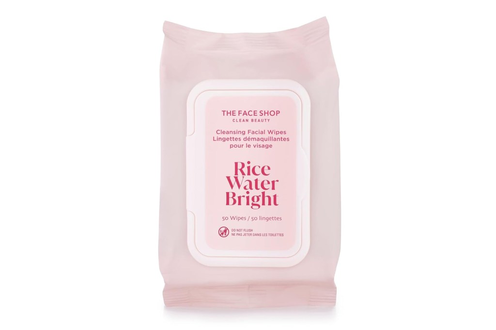A packet of The Face Shop Rice Water Bright Cleansing Facial Wipes.