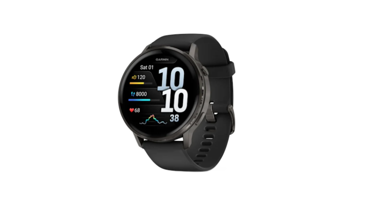 Garmin Venu 4 running watch in black.