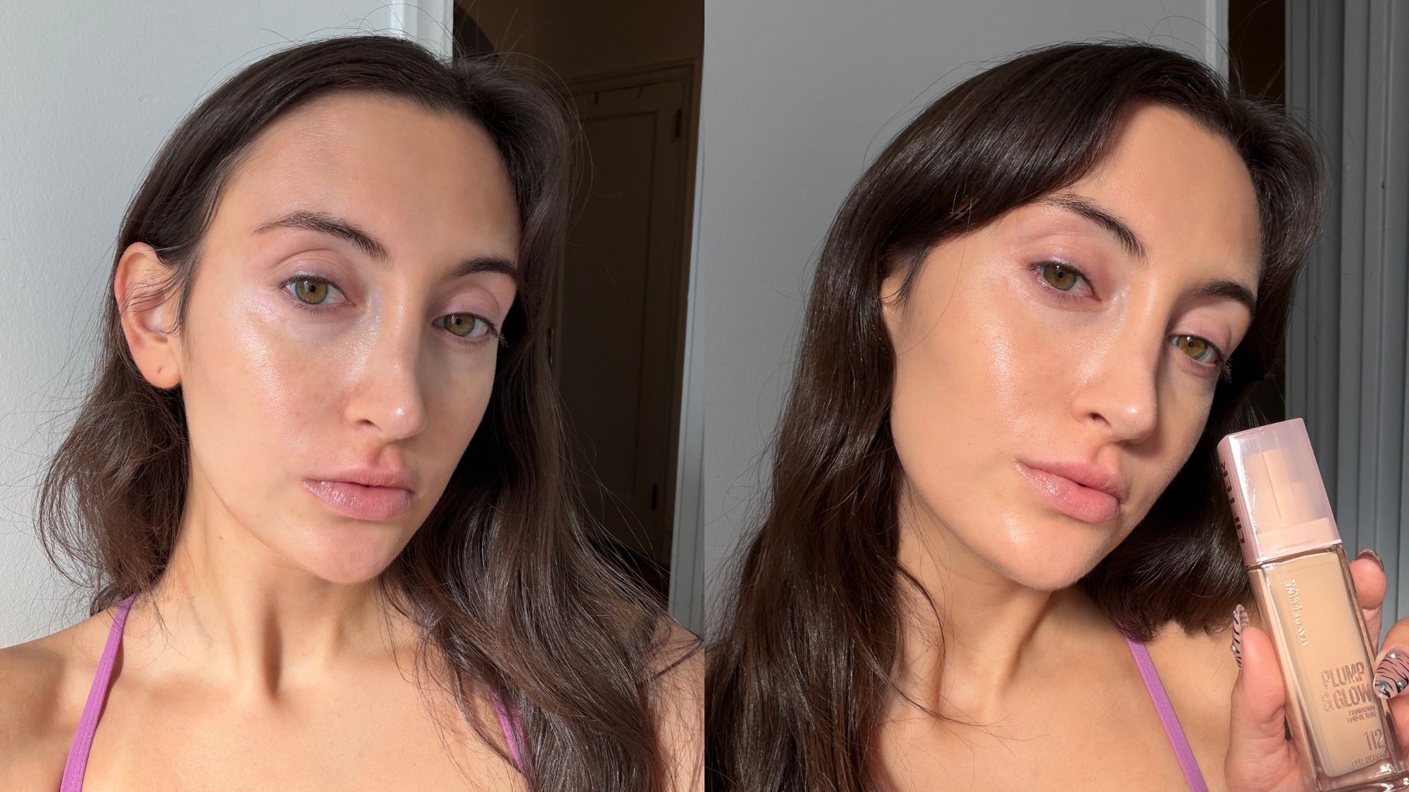 An image of Who What Wear associate beauty editor Alyssa Brascia before and after applying the Maybelline Plump & Glow Foundation.