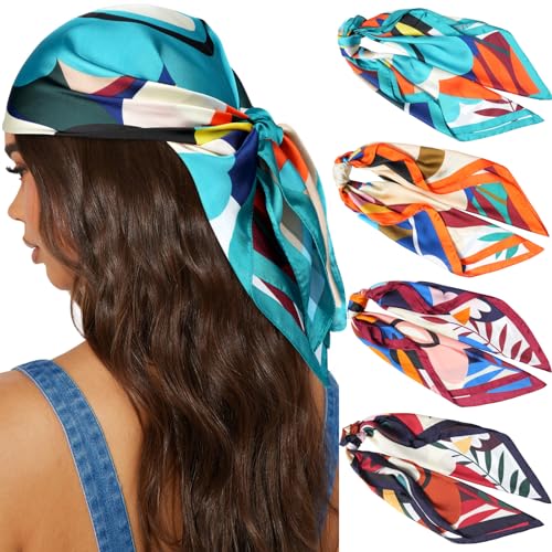 Awaytr 27.5” Silk Satin Square Head Scarf - 4pcs Satin Head Scarves for Women Hair Kerchief Bandanas Sleeping Head Wraps (flower(blue/burgundy/black/orange))