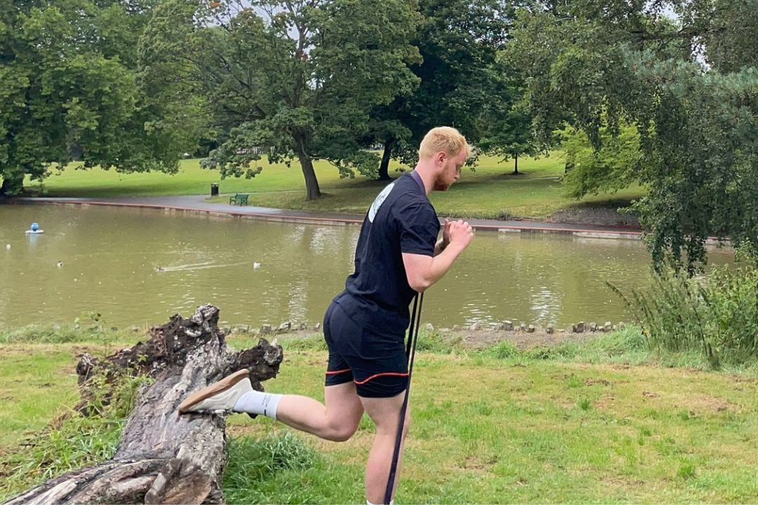 Resistance bands can be an effective tool for building strength and muscle, provided they provide an adequate challenge to your muscles. Here, Harry uses a band to make bodyweight Bulgarian split squats more taxing, and it worked a treat