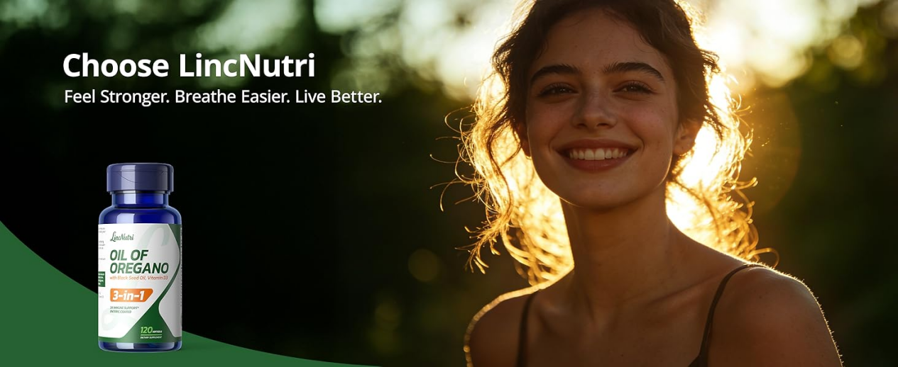 LincNutri Oil of Oregano 3-in-1 formula. Choose LincNutri to feel stronger, breathe easier, and live better.