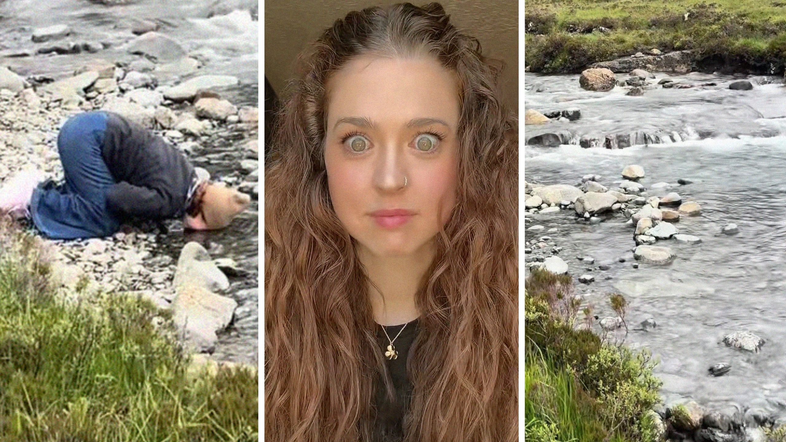 woman dips her face in fairy pool (l) woman shares trip experience to Scotland (c) Fairy pool in Scotland (r)