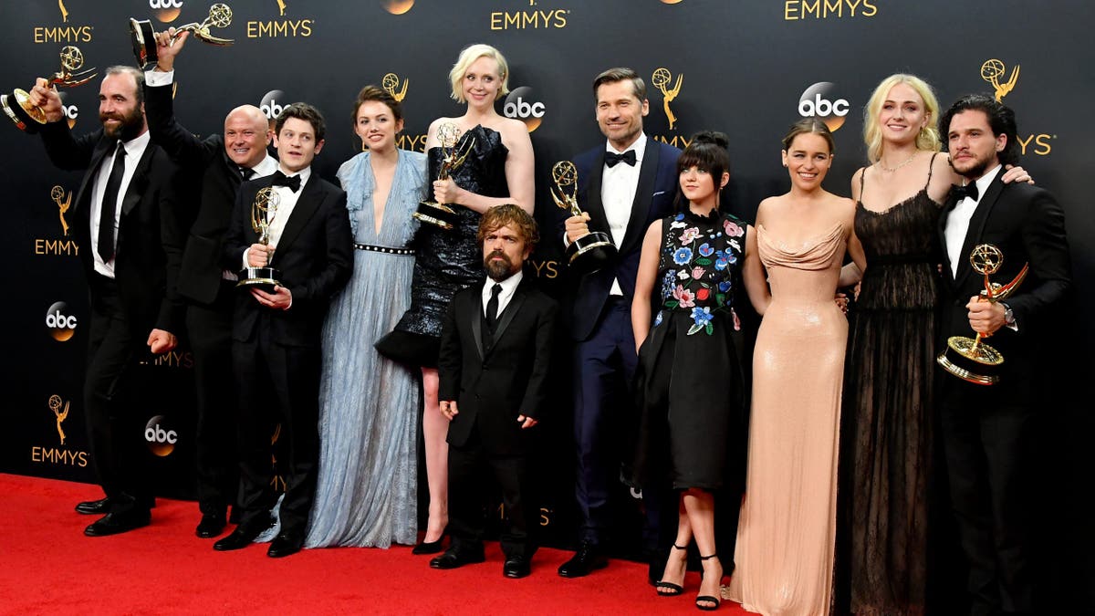 Actors Rory McCann, Conleth Hil, Iwan Rheon, Hannah Murray, Gwendoline Christie, Peter Dinklage, Nikolaj Coster-Waldau, Maisie Williams, Emilia Clarke, Sophie Turner and Kit Harington of "Game of Thrones"