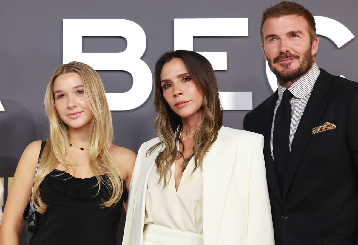 Harper Beckham, Victoria Beckham, David Beckham at Netflix's "Victoria Beckham" world premiere held at Curzon Mayfair on October 08, 2025 in London, England. (Photo by Lia Toby/Variety via Getty Images) 