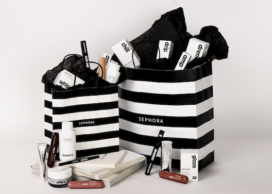 Multiple POV Beauty items inside several Sephora bags.