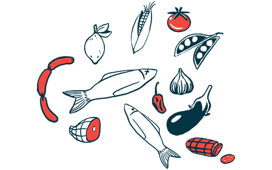 An illustration shows an array of healthy foods, including fish and vegetables.
